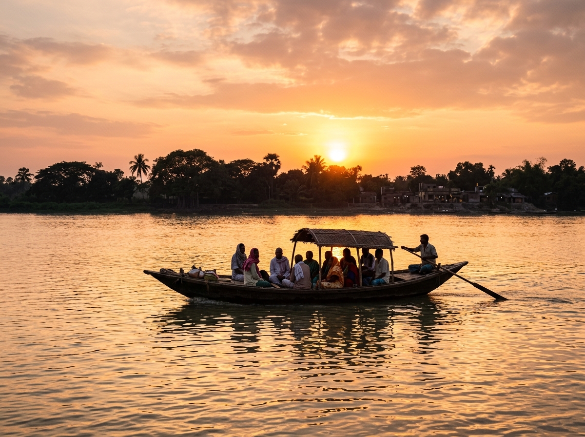Sunset Boat on River in Nadia